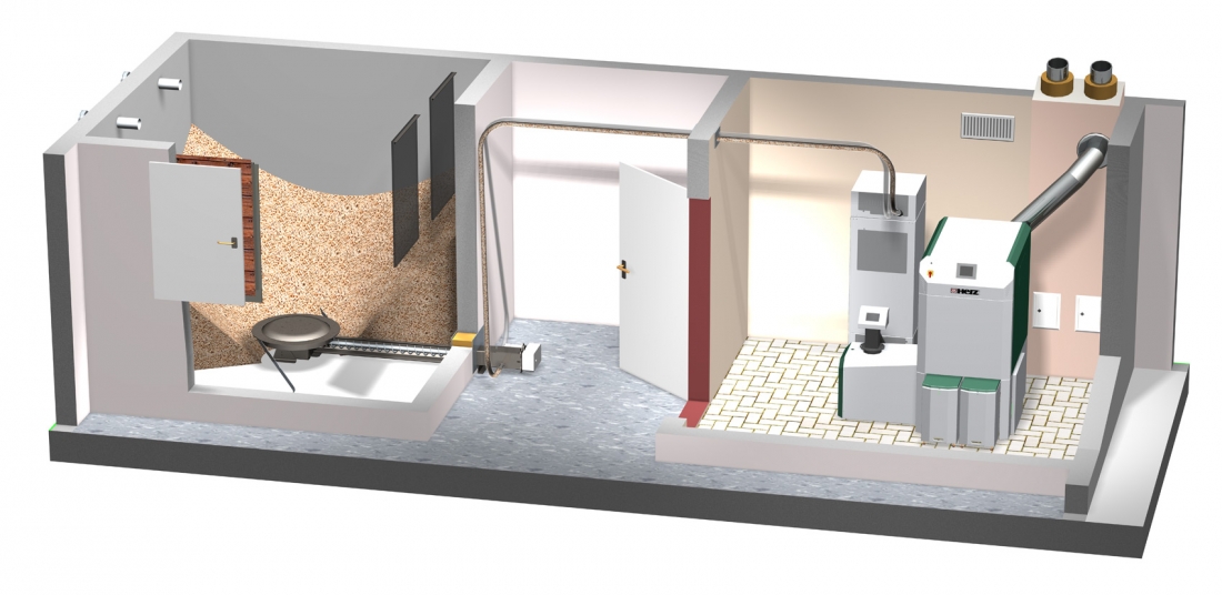 Пеллетный перемешиватель в помещении топливохранилища с пневматической системой загрузки.